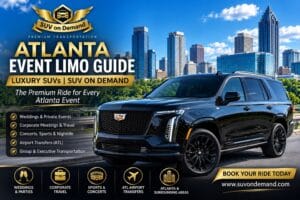 Atlanta event limo guide — SUV On Demand black Cadillac Escalade luxury SUV with the Atlanta skyline, event limousine service for weddings, corporate events, concerts, sports, and ATL airport transfers