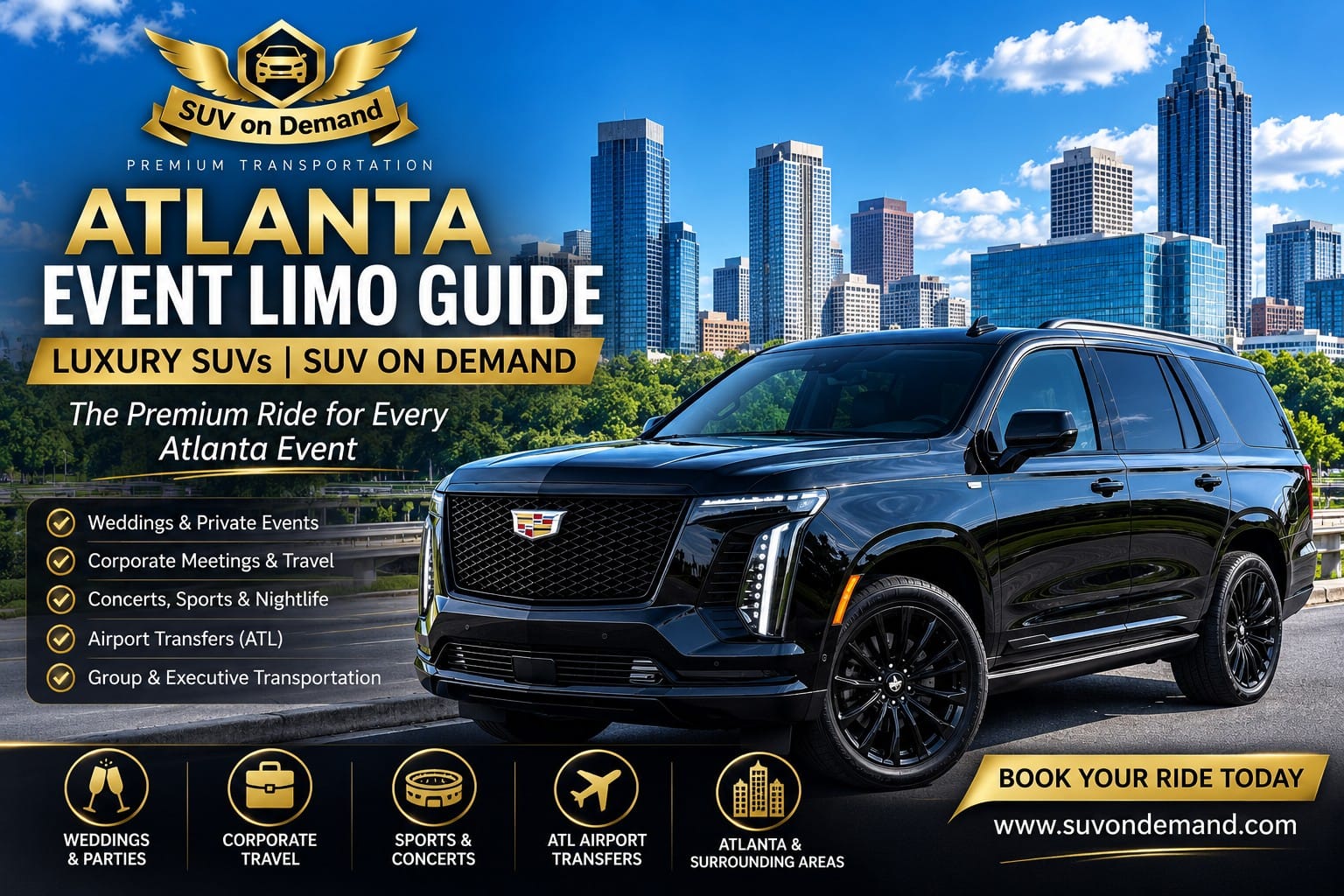 Atlanta event limo guide — SUV On Demand black Cadillac Escalade luxury SUV with the Atlanta skyline, event limousine service for weddings, corporate events, concerts, sports, and ATL airport transfers