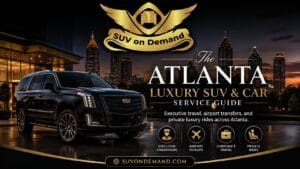 Atlanta luxury SUV and car service guide — SUV On Demand black Cadillac Escalade outside a luxury hotel with the Atlanta skyline at dusk, executive chauffeurs, Hartsfield-Jackson airport pickups, corporate travel and private rides