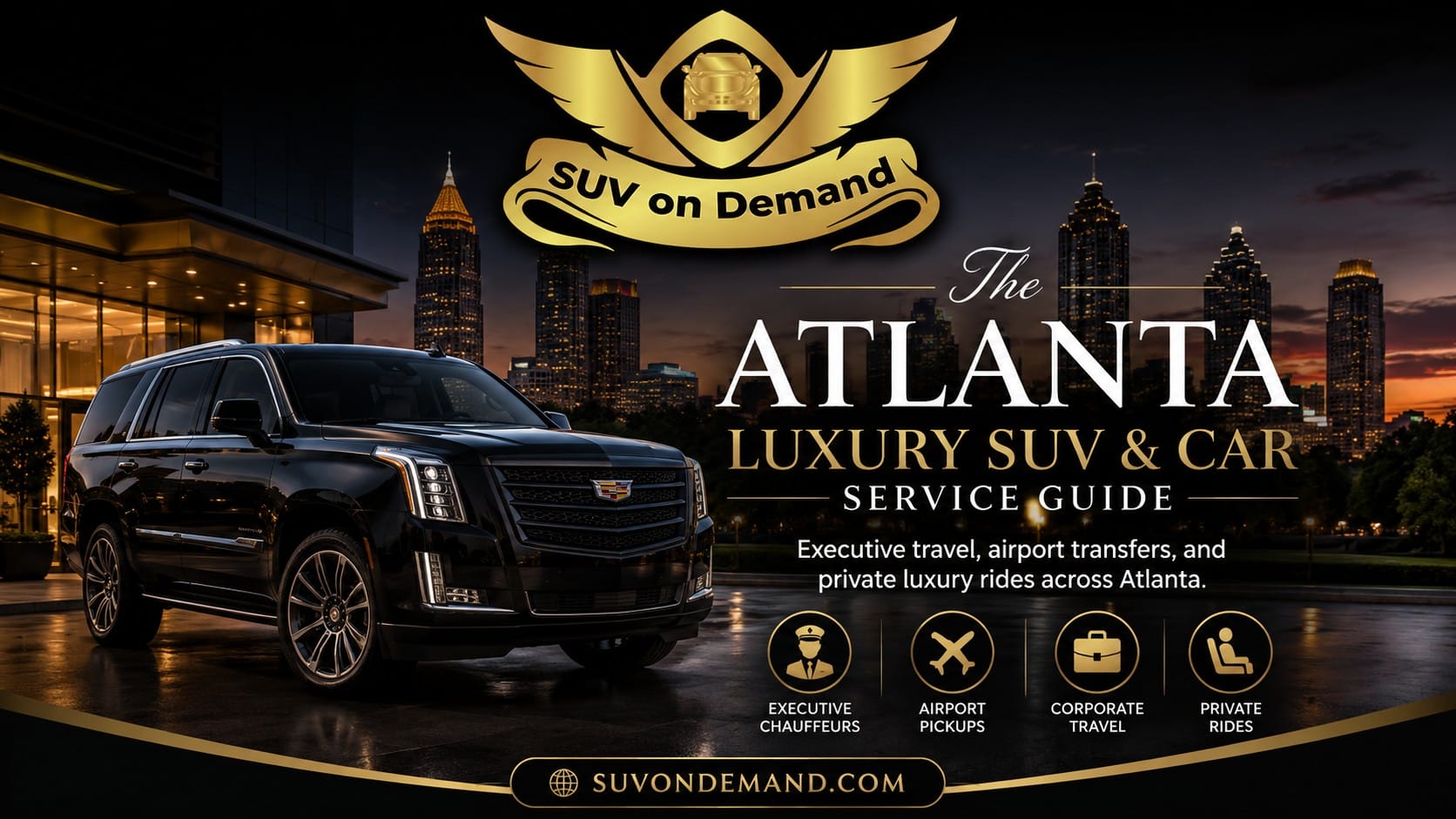 Atlanta luxury SUV and car service guide — SUV On Demand black Cadillac Escalade outside a luxury hotel with the Atlanta skyline at dusk, executive chauffeurs, Hartsfield-Jackson airport pickups, corporate travel and private rides