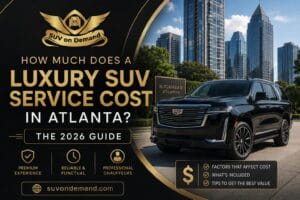 How much does a luxury SUV service cost in Atlanta — SUV On Demand 2026 pricing guide with black Cadillac Escalade in Buckhead Atlanta, flat-rate luxury SUV car service with professional chauffeurs and no surge pricing