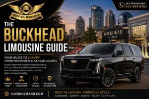 Buckhead limousine service — SUV On Demand black Cadillac Escalade luxury SUV in Buckhead Atlanta, chauffeured airport transfers, corporate travel, hotel pickups, and hourly charter service