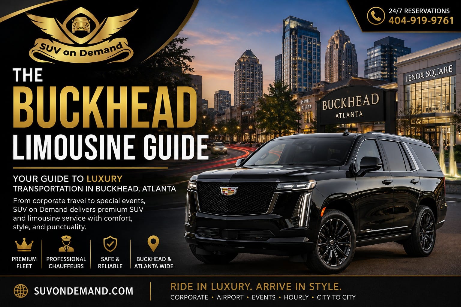 Buckhead limousine service — SUV On Demand black Cadillac Escalade luxury SUV in Buckhead Atlanta, chauffeured airport transfers, corporate travel, hotel pickups, and hourly charter service