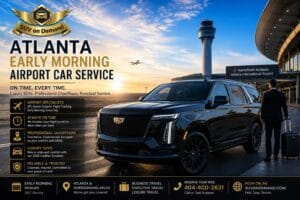 Early morning airport car service Atlanta — SUV On Demand black Cadillac Escalade with chauffeur at Hartsfield-Jackson Atlanta International Airport at sunrise, on-time luxury SUV airport transfers with flight tracking