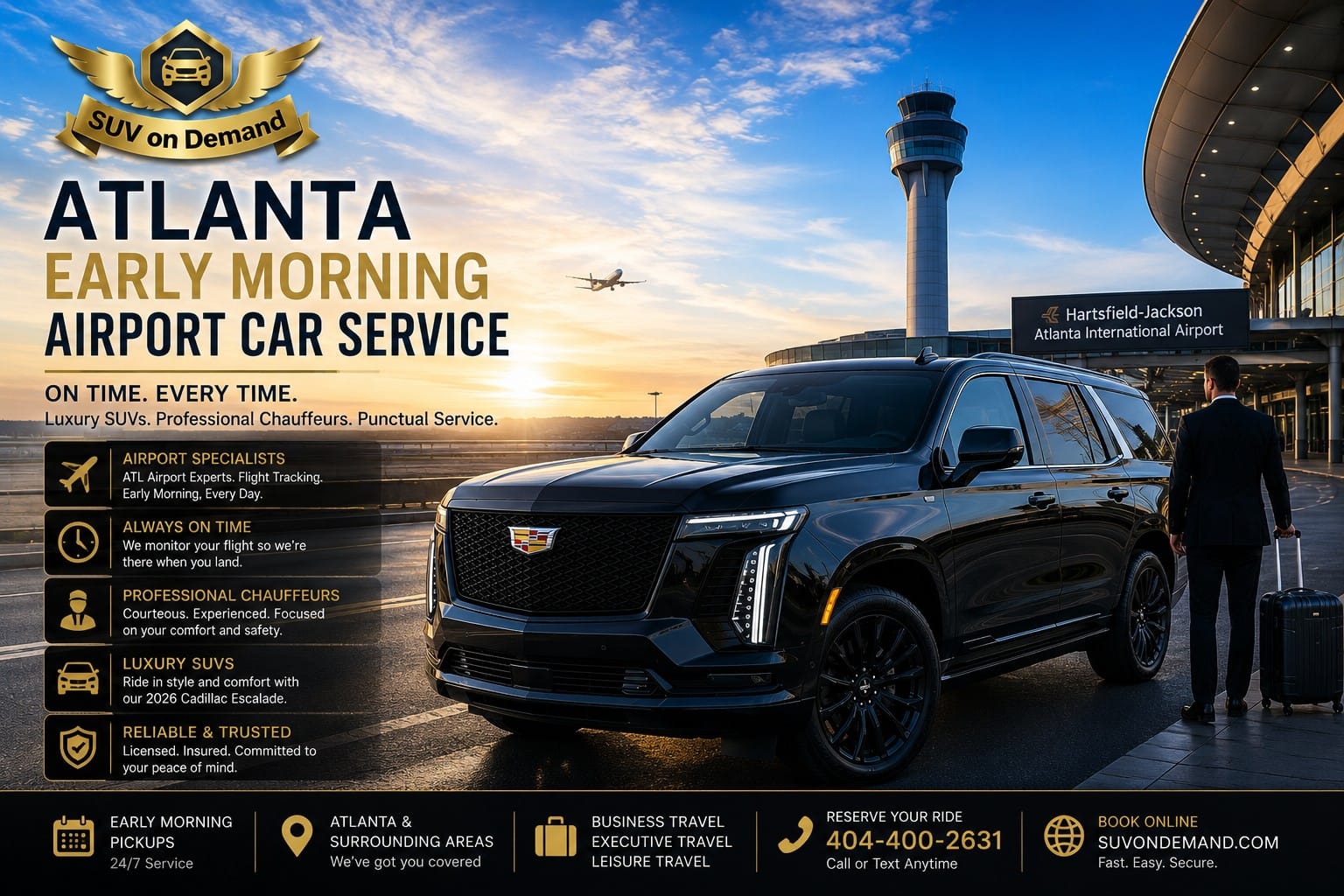 Early morning airport car service Atlanta — SUV On Demand black Cadillac Escalade with chauffeur at Hartsfield-Jackson Atlanta International Airport at sunrise, on-time luxury SUV airport transfers with flight tracking