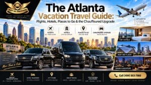 Atlanta vacation travel guide banner for SUV On Demand showing the Atlanta skyline with a black Chevrolet Suburban, Mercedes Sprinter van, and Cadillac Escalade, icons for flights, hotels, places to go and the chauffeured upgrade, and phone (404) 563-7666