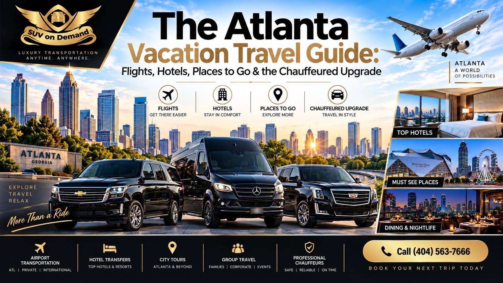 Atlanta vacation travel guide banner for SUV On Demand showing the Atlanta skyline with a black Chevrolet Suburban, Mercedes Sprinter van, and Cadillac Escalade, icons for flights, hotels, places to go and the chauffeured upgrade, and phone (404) 563-7666