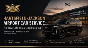 Hartsfield-Jackson airport car service hub — SUV On Demand black Cadillac Escalade at Atlanta International Airport terminal, premium SUV and limo rides to, from and around Atlanta with online booking at 404-563-7666