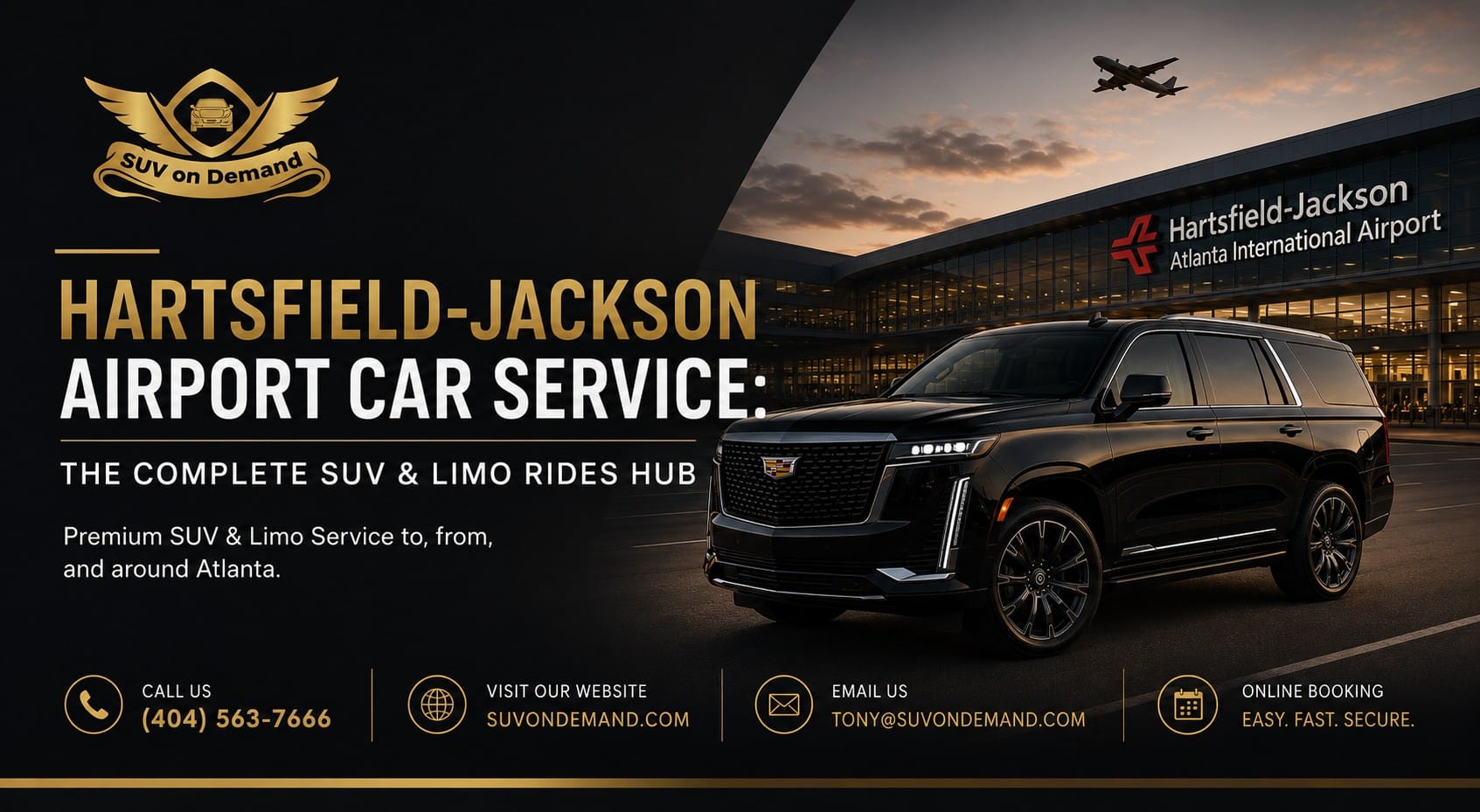 Hartsfield-Jackson airport car service hub — SUV On Demand black Cadillac Escalade at Atlanta International Airport terminal, premium SUV and limo rides to, from and around Atlanta with online booking at 404-563-7666
