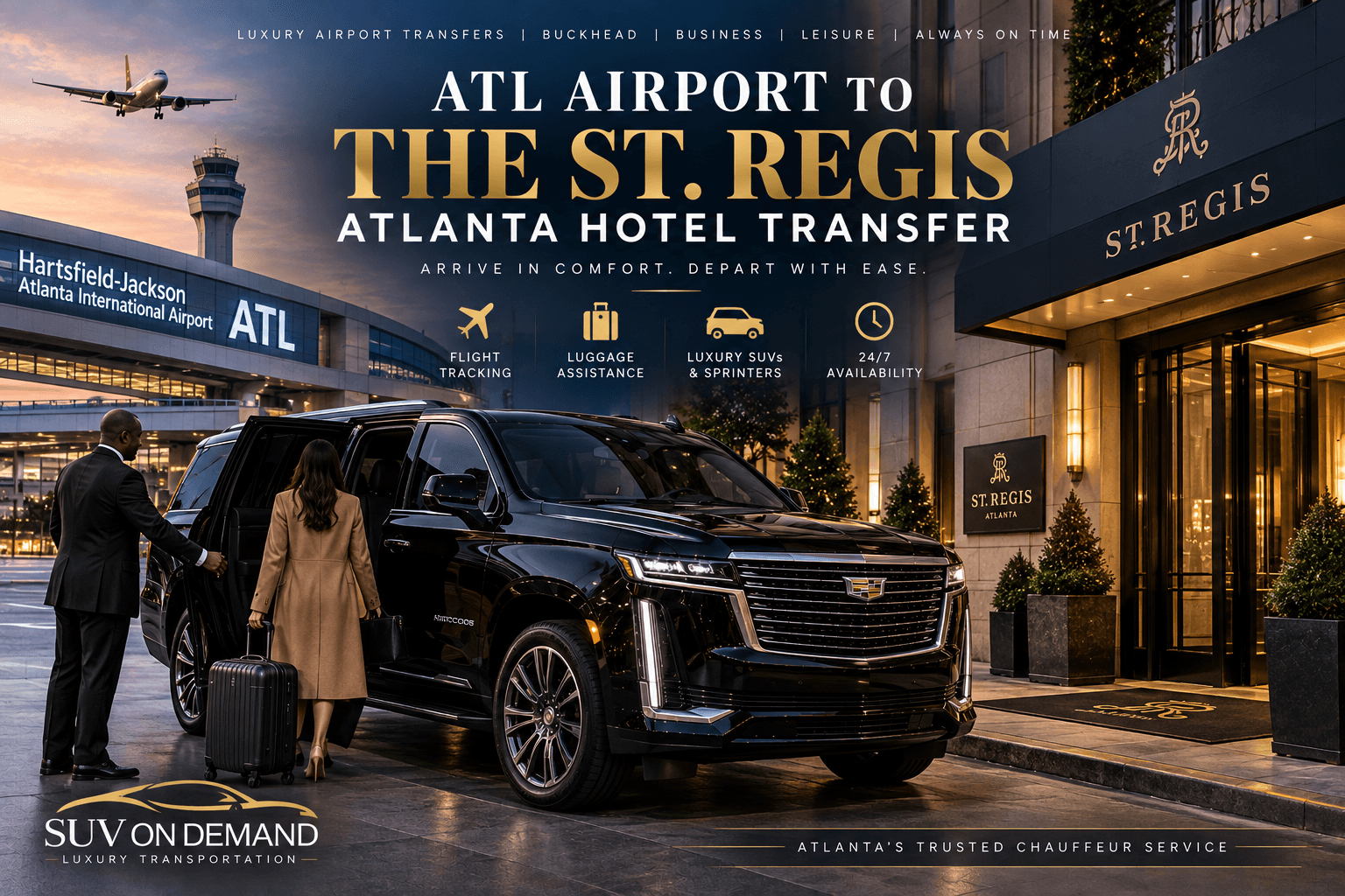 ATL Airport to The St. Regis Atlanta hotel transfer with a luxury black SUV, chauffeur, and luggage assistance