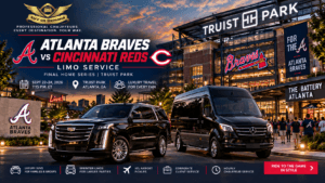 Atlanta Braves vs Reds limo service with black luxury SUV and Mercedes Sprinter outside Truist Park