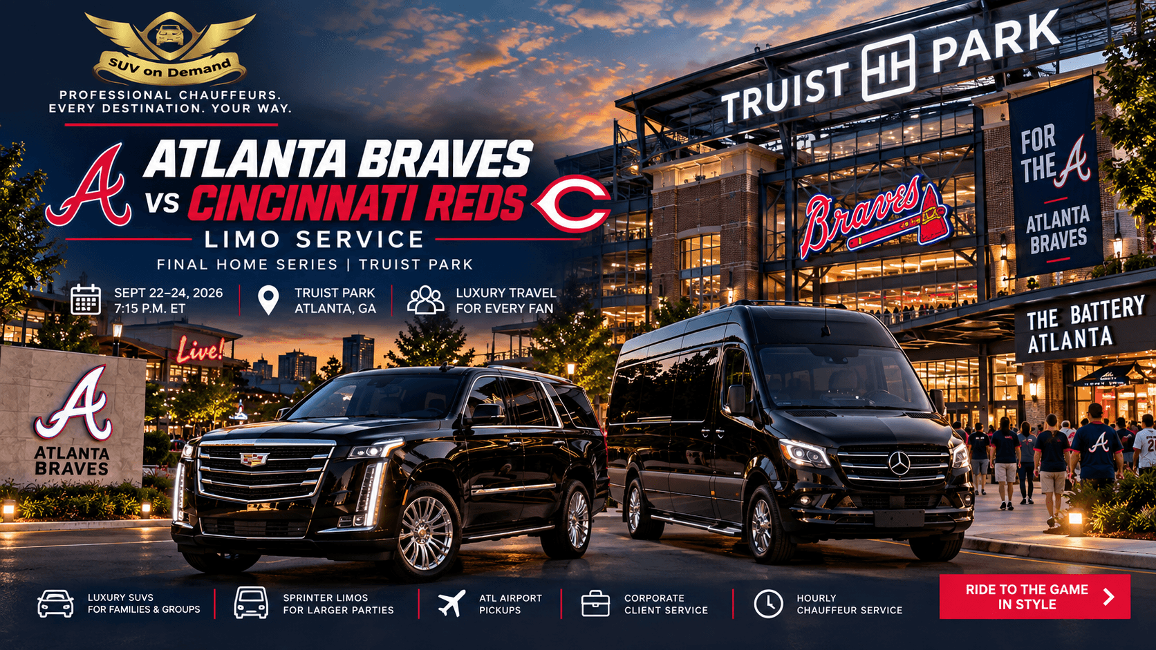 Atlanta Braves vs Reds limo service with black luxury SUV and Mercedes Sprinter outside Truist Park