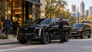 Atlanta car service with a premium black Cadillac Escalade and professional chauffeur in Midtown Atlanta