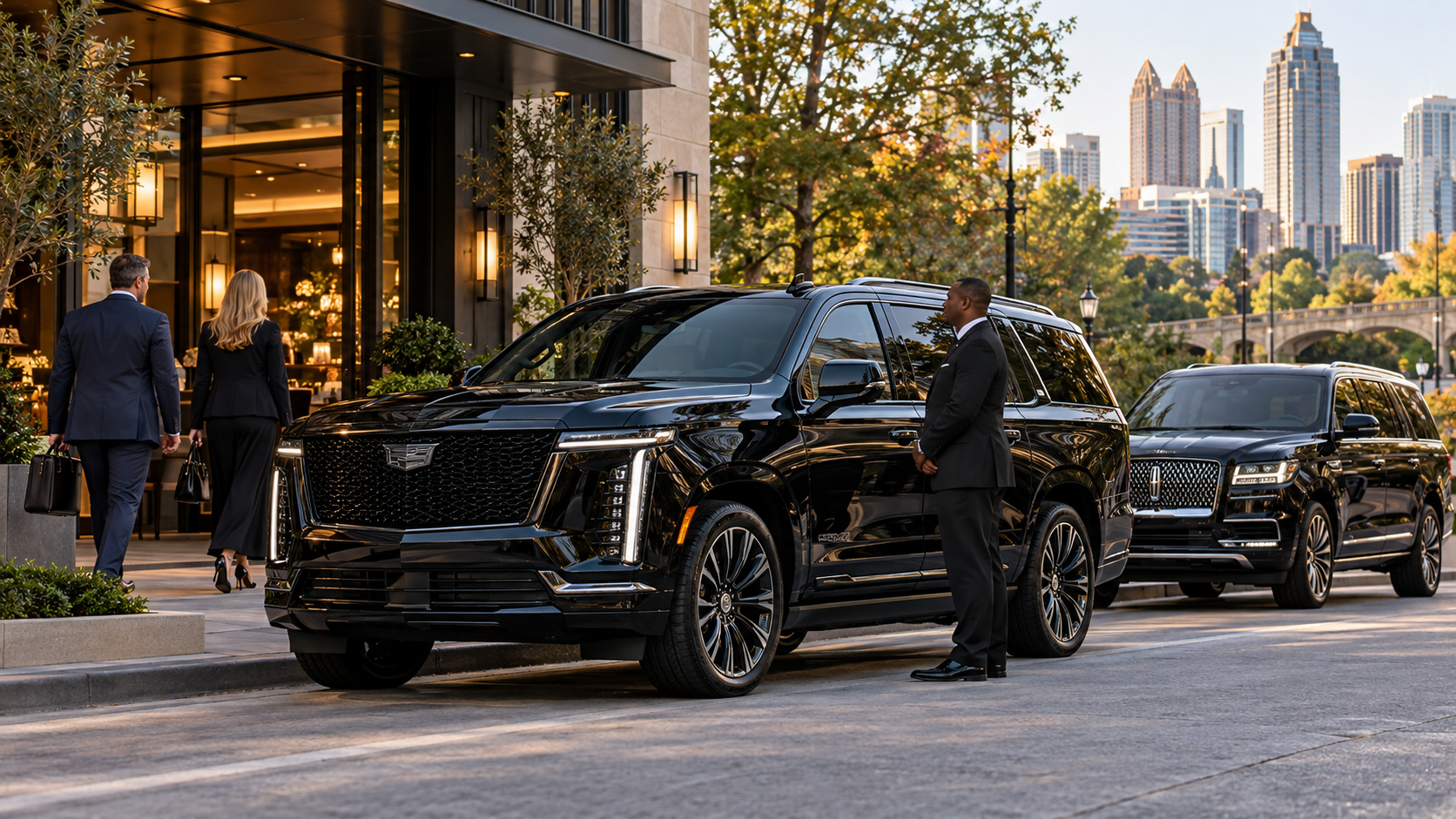 Atlanta car service with a premium black Cadillac Escalade and professional chauffeur in Midtown Atlanta