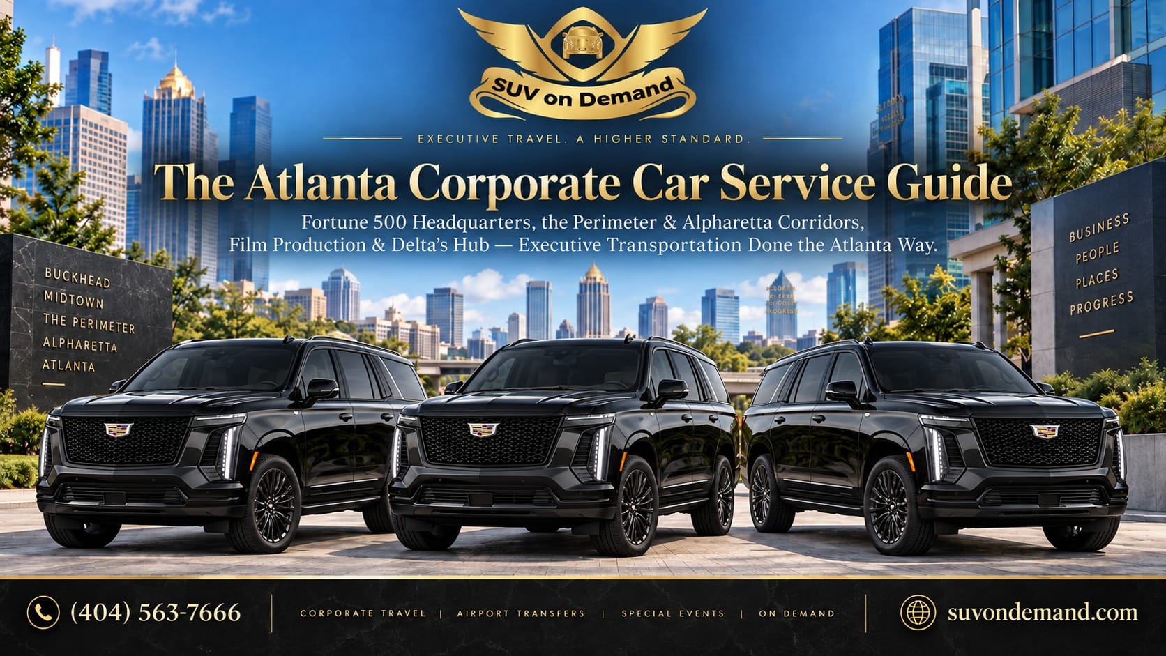 Three black Cadillac Escalade SUVs lined up against the Atlanta skyline for the SUV on Demand Corporate Car Service Guide, covering Fortune 500 headquarters, the Perimeter and Alpharetta corridors, film production, and Delta's Hartsfield hub across Buckhead, Midtown and beyond.