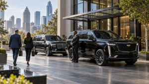 Atlanta corporate transportation with black Cadillac Escalade and Lincoln Navigator outside a modern business tower