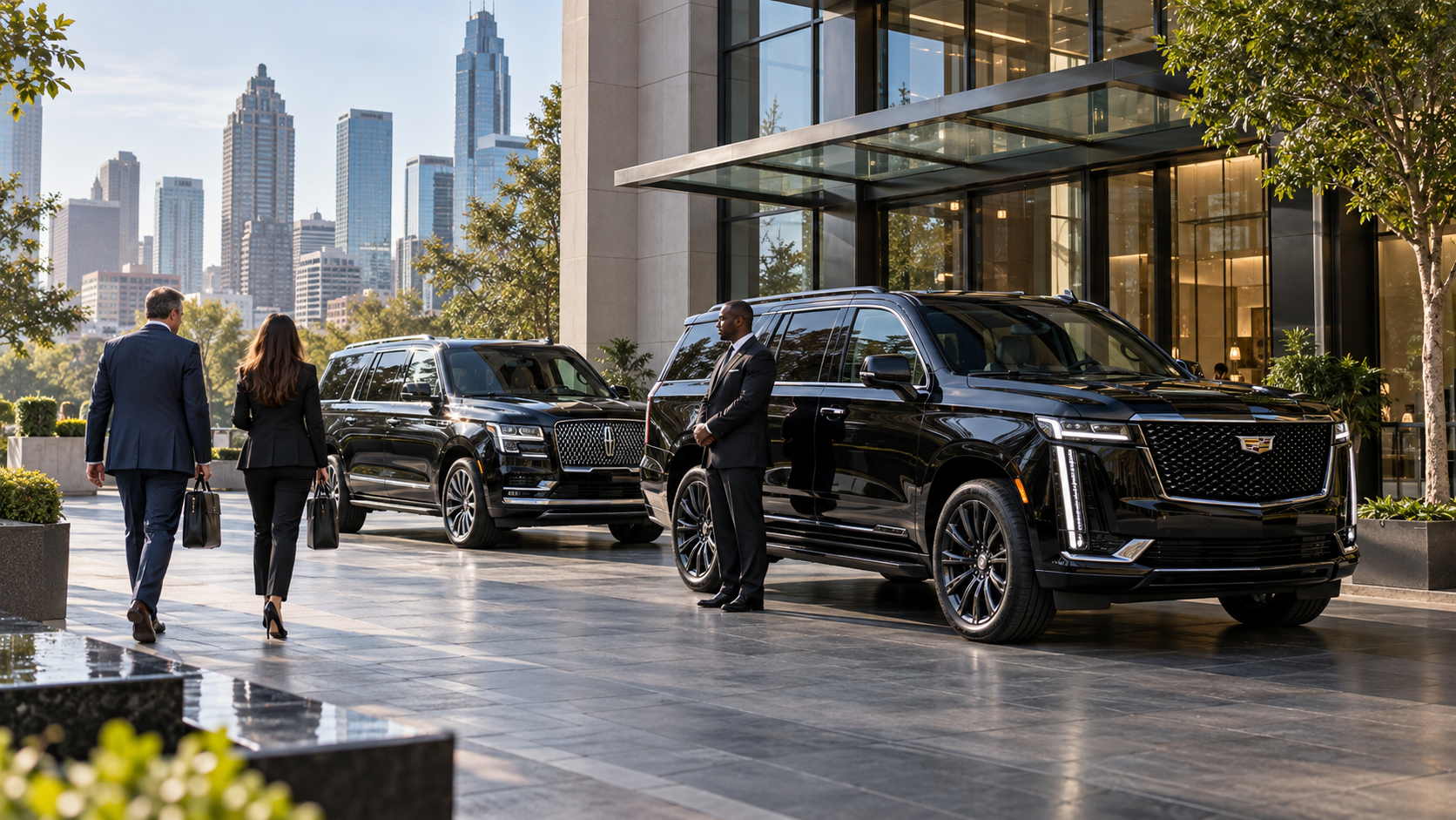 Atlanta corporate transportation with black Cadillac Escalade and Lincoln Navigator outside a modern business tower