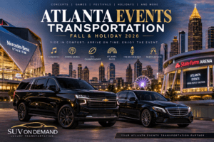 Atlanta events transportation with luxury black vehicles near Mercedes-Benz Stadium and State Farm Arena during fall and holiday 2026