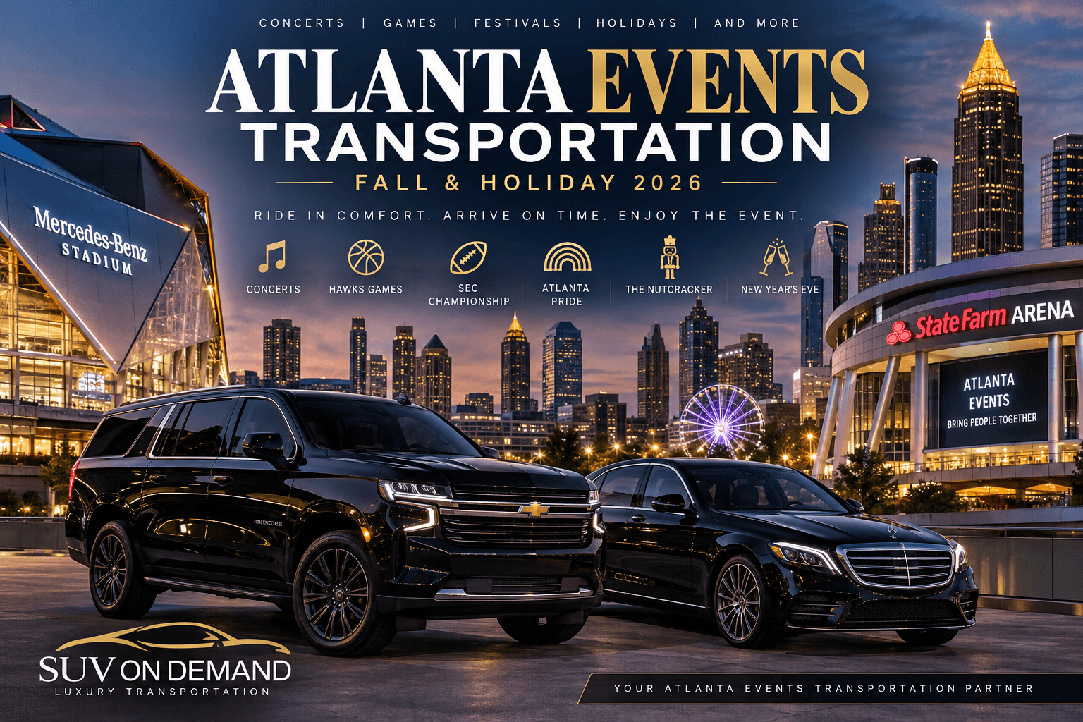 Atlanta events transportation with luxury black vehicles near Mercedes-Benz Stadium and State Farm Arena during fall and holiday 2026