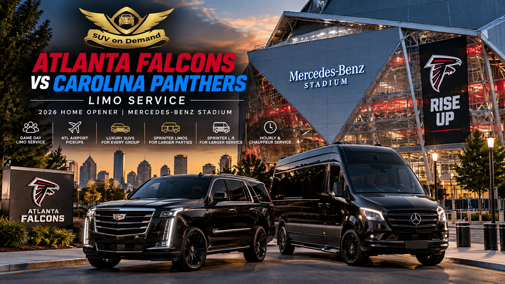 Atlanta Falcons vs Panthers limo service with black luxury SUV and Mercedes Sprinter at Mercedes-Benz Stadium
