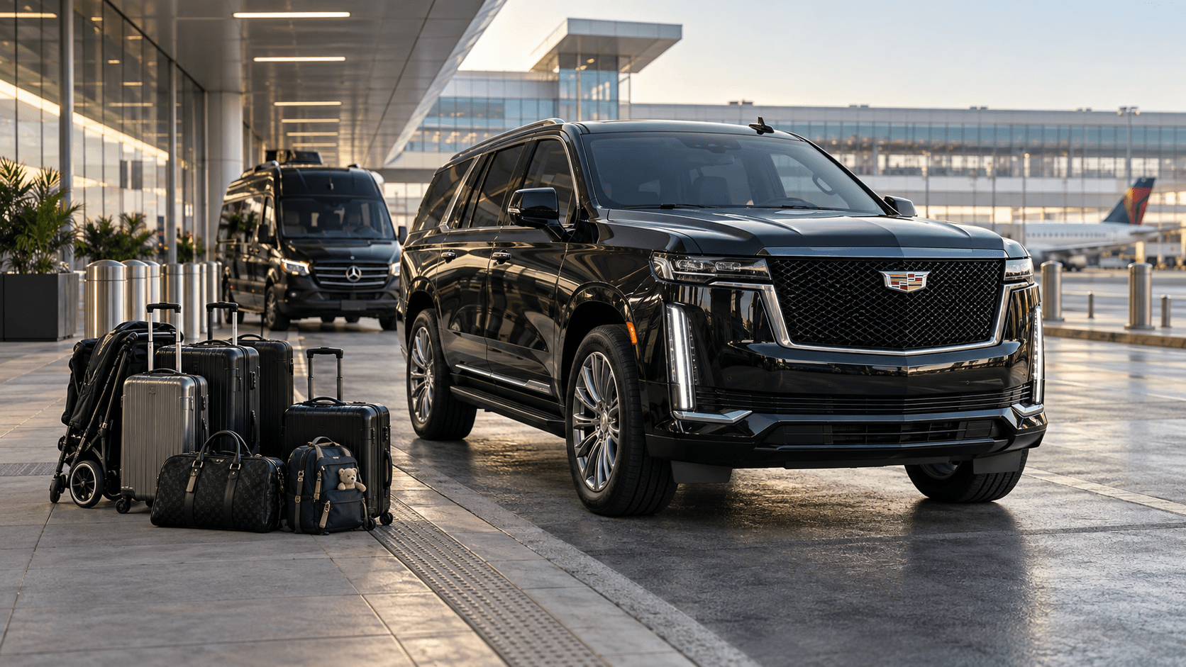 Atlanta family airport transportation with black luxury SUV, family luggage, and stroller