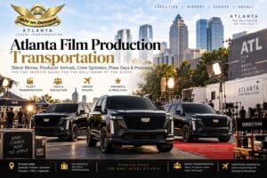 Three black Cadillac Escalade SUVs staged on a film set with a red carpet, production lighting and crew against the Atlanta skyline, for the SUV on Demand Atlanta Film Production Transportation guide covering talent moves, producer arrivals, crew Sprinters, airport pickups, press days and premieres.