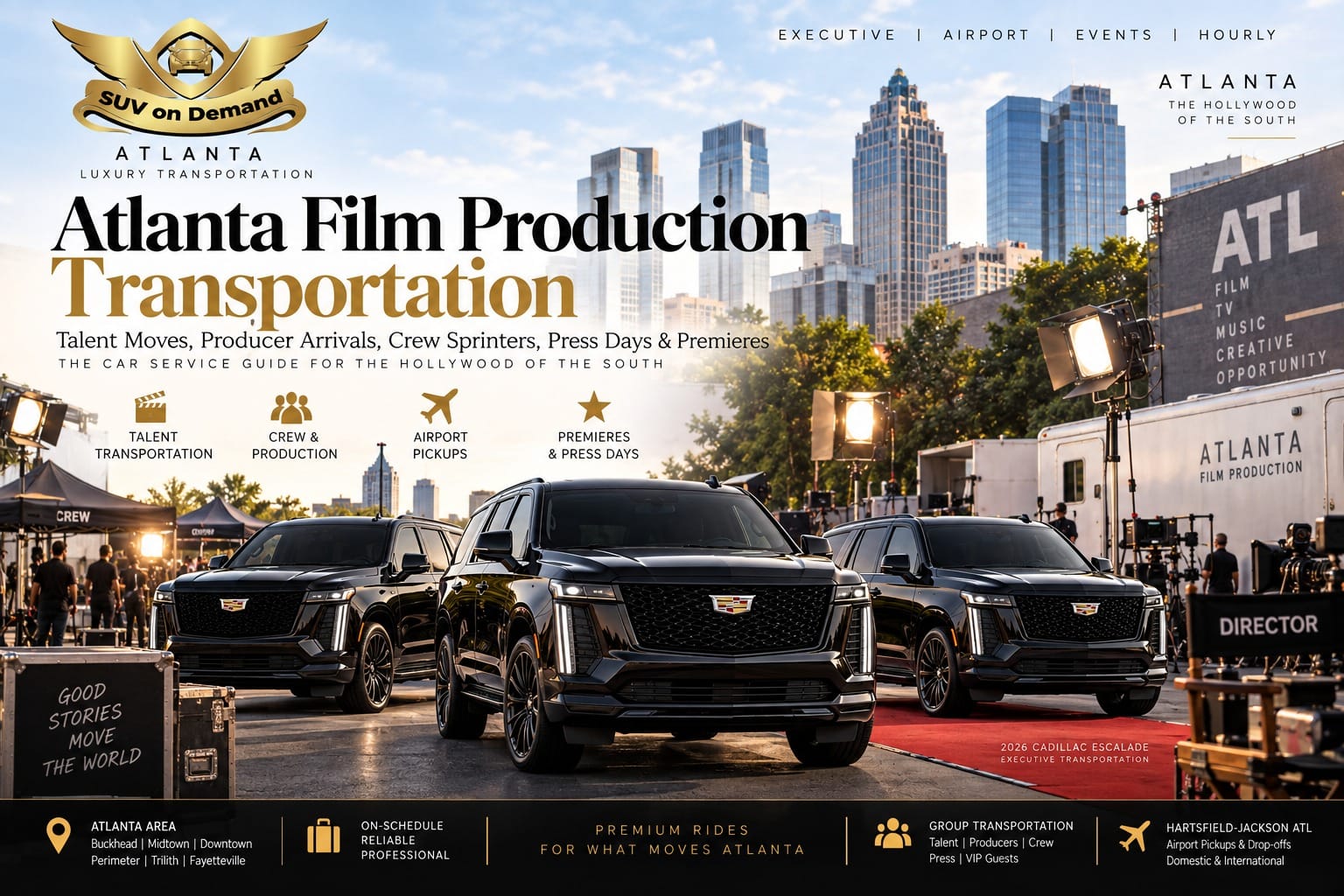 Three black Cadillac Escalade SUVs staged on a film set with a red carpet, production lighting and crew against the Atlanta skyline, for the SUV on Demand Atlanta Film Production Transportation guide covering talent moves, producer arrivals, crew Sprinters, airport pickups, press days and premieres.