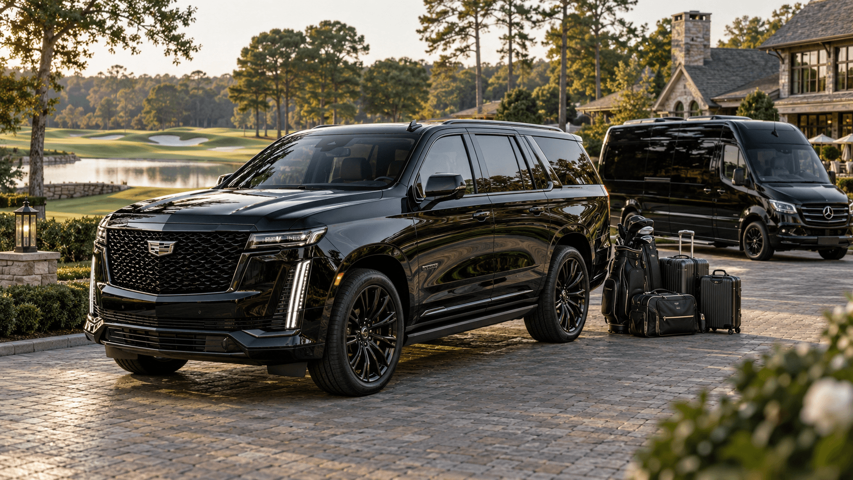 Atlanta golf transportation with black luxury SUV, golf bags, luggage, and executive Sprinter in Georgia