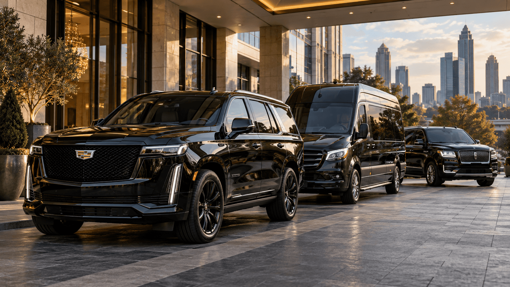 Black luxury SUV and Mercedes Sprinter prepared for a chauffeured group trip in Atlanta