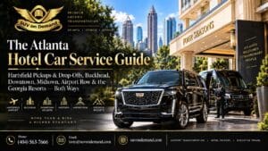 Black Cadillac Escalade and Mercedes Sprinter van parked outside the Four Seasons hotel in Atlanta with a uniformed chauffeur, from the SUV on Demand Atlanta Hotel Car Service Guide covering Hartsfield airport, Buckhead, Downtown, Midtown and Georgia resort transfers.
