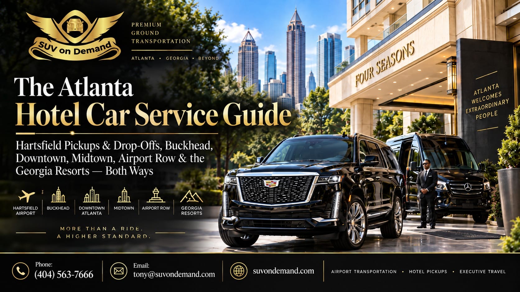Black Cadillac Escalade and Mercedes Sprinter van parked outside the Four Seasons hotel in Atlanta with a uniformed chauffeur, from the SUV on Demand Atlanta Hotel Car Service Guide covering Hartsfield airport, Buckhead, Downtown, Midtown and Georgia resort transfers.