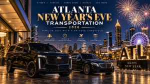 Atlanta New Year's Eve transportation with luxury black SUV and executive sedan in downtown Atlanta with fireworksAtlanta New Year's Eve transportation with luxury black SUV and executive sedan in downtown Atlanta with fireworks