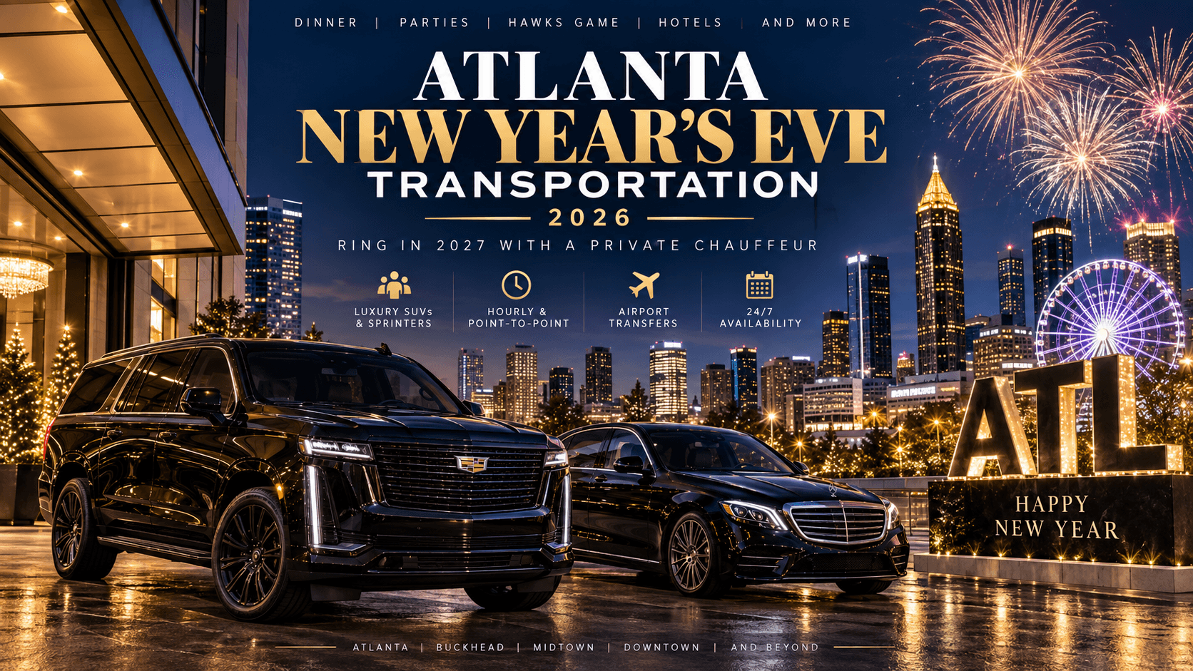 Atlanta New Year's Eve transportation with luxury black SUV and executive sedan in downtown Atlanta with fireworksAtlanta New Year's Eve transportation with luxury black SUV and executive sedan in downtown Atlanta with fireworks