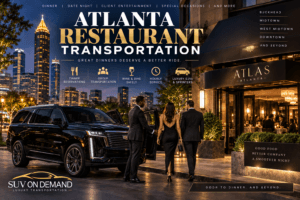 Atlanta restaurant transportation with a luxury black SUV and chauffeur outside an upscale Atlanta restaurant
