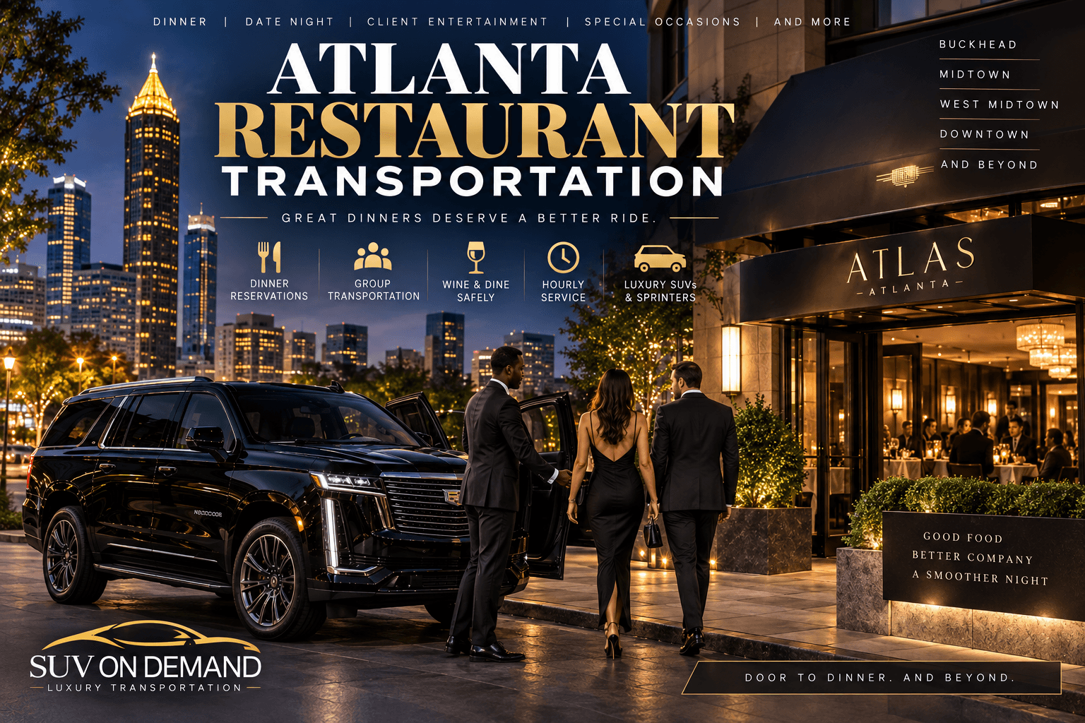 Atlanta restaurant transportation with a luxury black SUV and chauffeur outside an upscale Atlanta restaurant