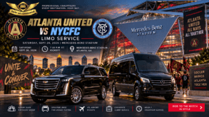 Atlanta United vs NYCFC limo service with black luxury SUV and Mercedes Sprinter outside Mercedes-Benz Stadium