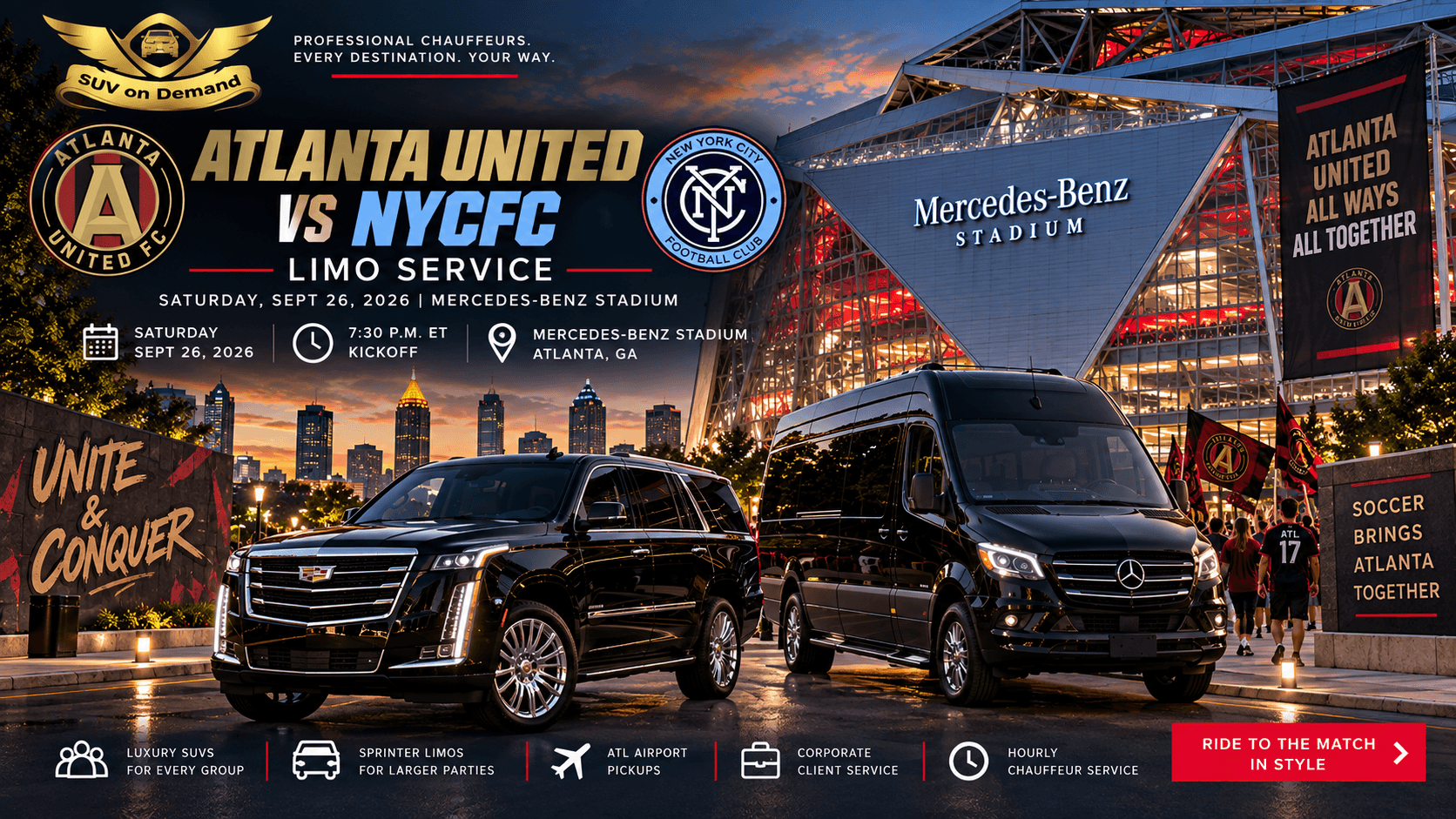 Atlanta United vs NYCFC limo service with black luxury SUV and Mercedes Sprinter outside Mercedes-Benz Stadium