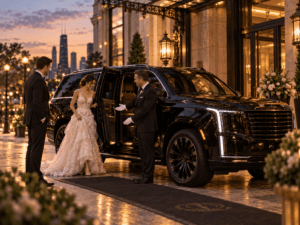 Black Lincoln Navigator providing Atlanta wedding limo service outside a wedding venue