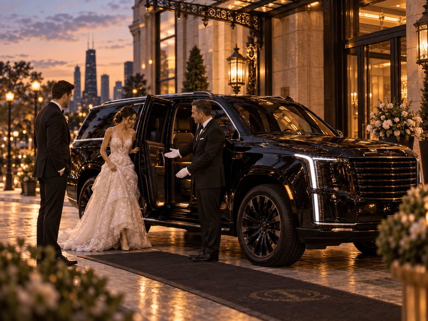 Black Lincoln Navigator providing Atlanta wedding limo service outside a wedding venue