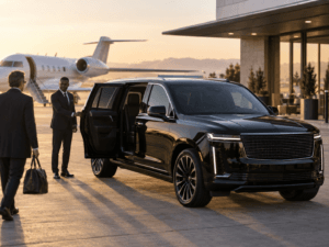 Black Cadillac Escalade providing Georgia regional airport limo service at a private aviation FBO terminal