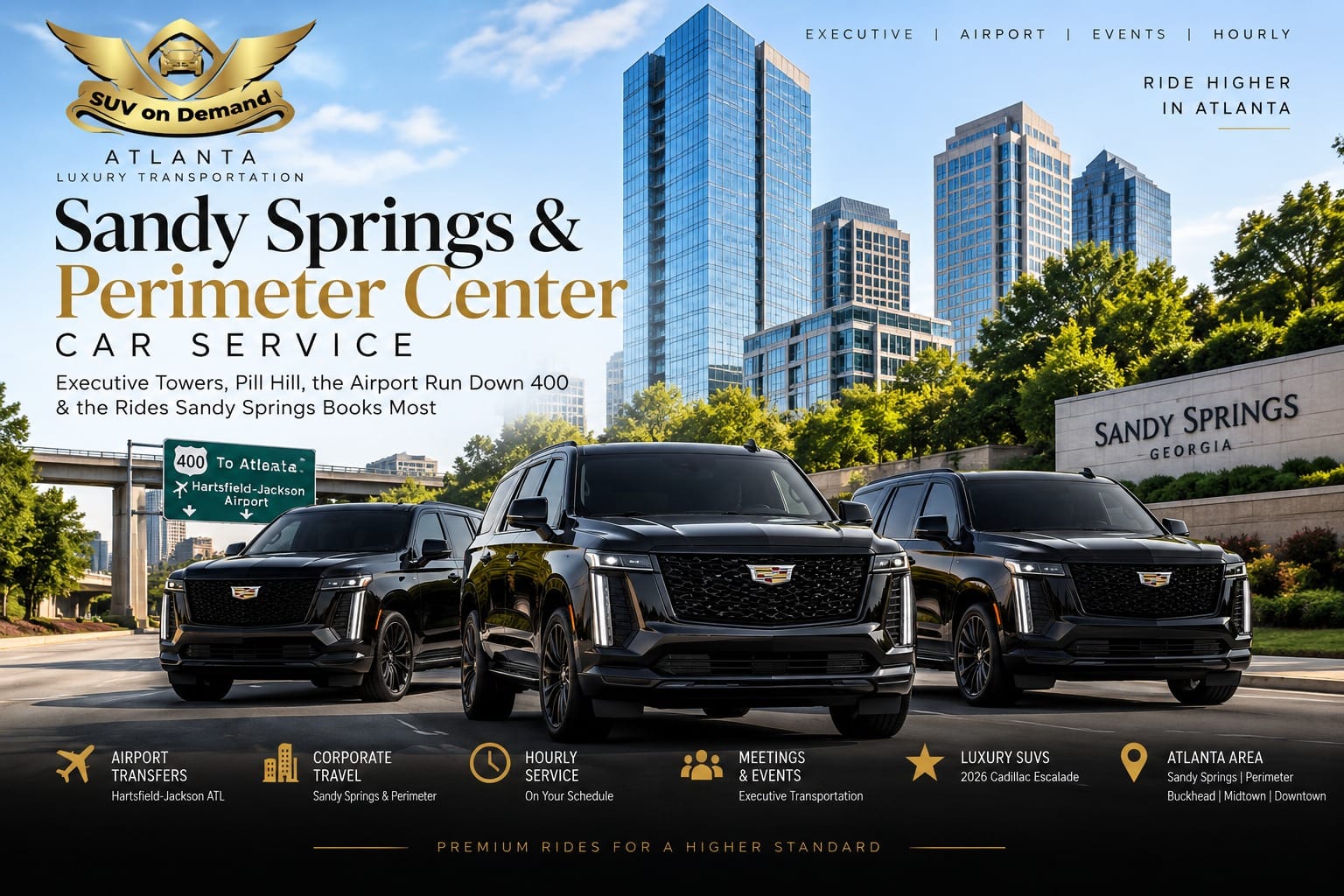 Three black Cadillac Escalade SUVs on a Sandy Springs road with the Perimeter Center skyline and Sandy Springs, Georgia monument sign behind them, for the SUV on Demand Sandy Springs & Perimeter Center Car Service covering airport transfers on GA-400 to Hartsfield-Jackson, corporate travel, hourly service and events.