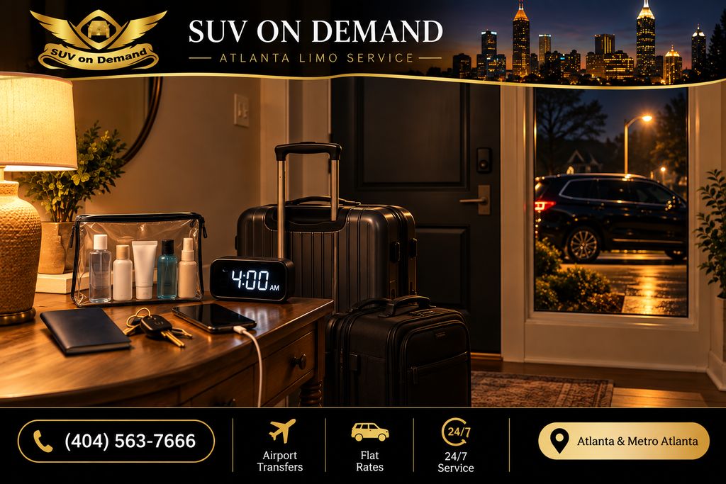 Entryway at 4 a.m. with a packed suitcase, clear liquids bag, passport, keys, charging phone and an alarm clock reading 4:00, with a black SUV waiting outside the window