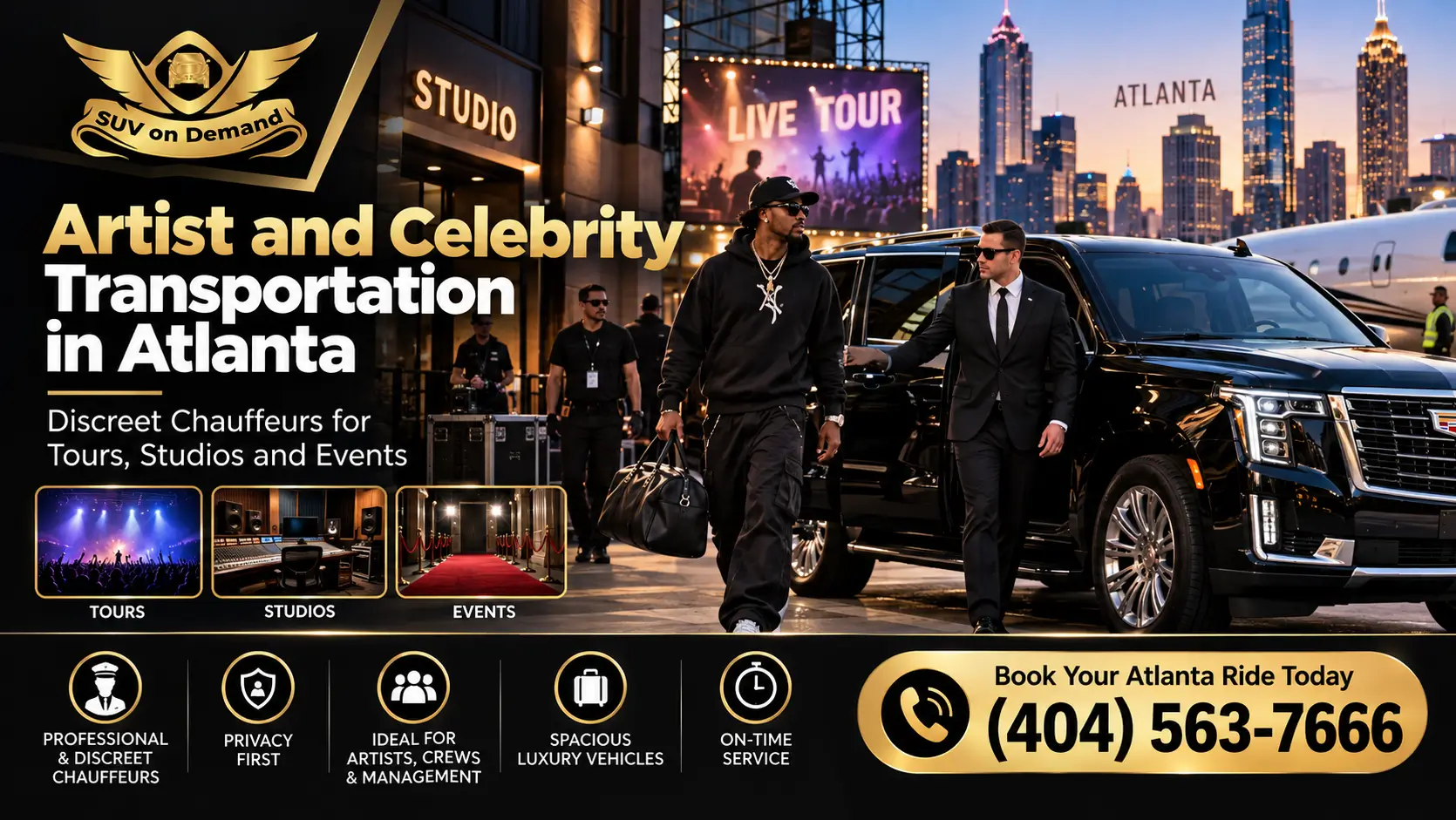 SUV on Demand artist and celebrity transportation in Atlanta featuring a luxury black SUV and discreet chauffeur service for tours, recording studios, and special events. Call (404) 563-7666.