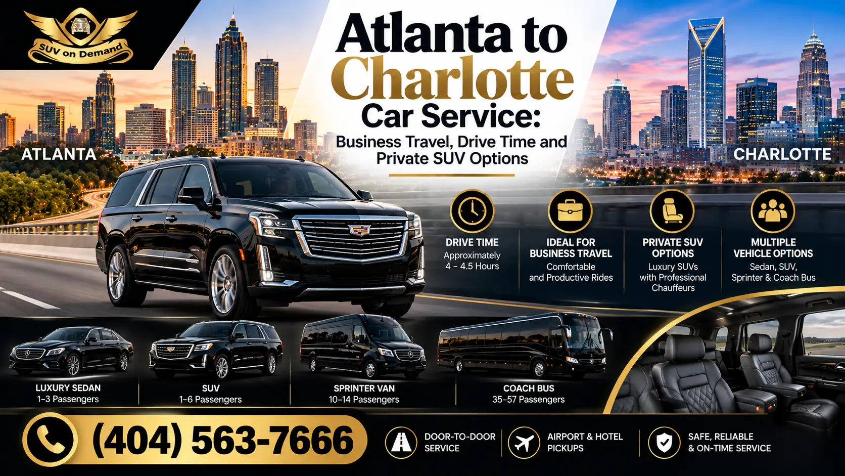 SUV on Demand Atlanta to Charlotte car service featuring a luxury black SUV, private chauffeur transportation, and executive travel options.