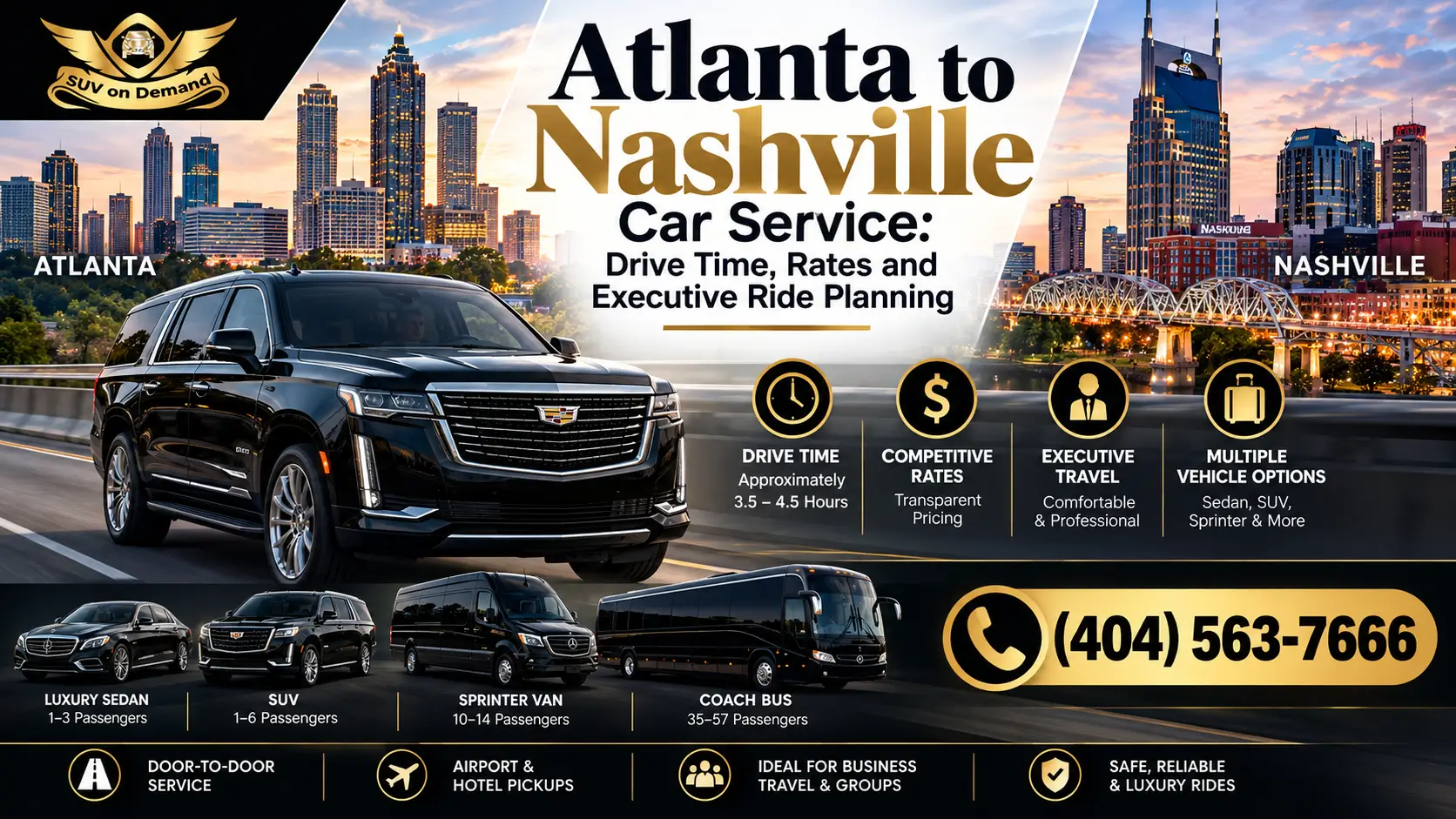 SUV on Demand Atlanta to Nashville car service featuring a luxury black SUV, executive transportation, and multiple vehicle options.