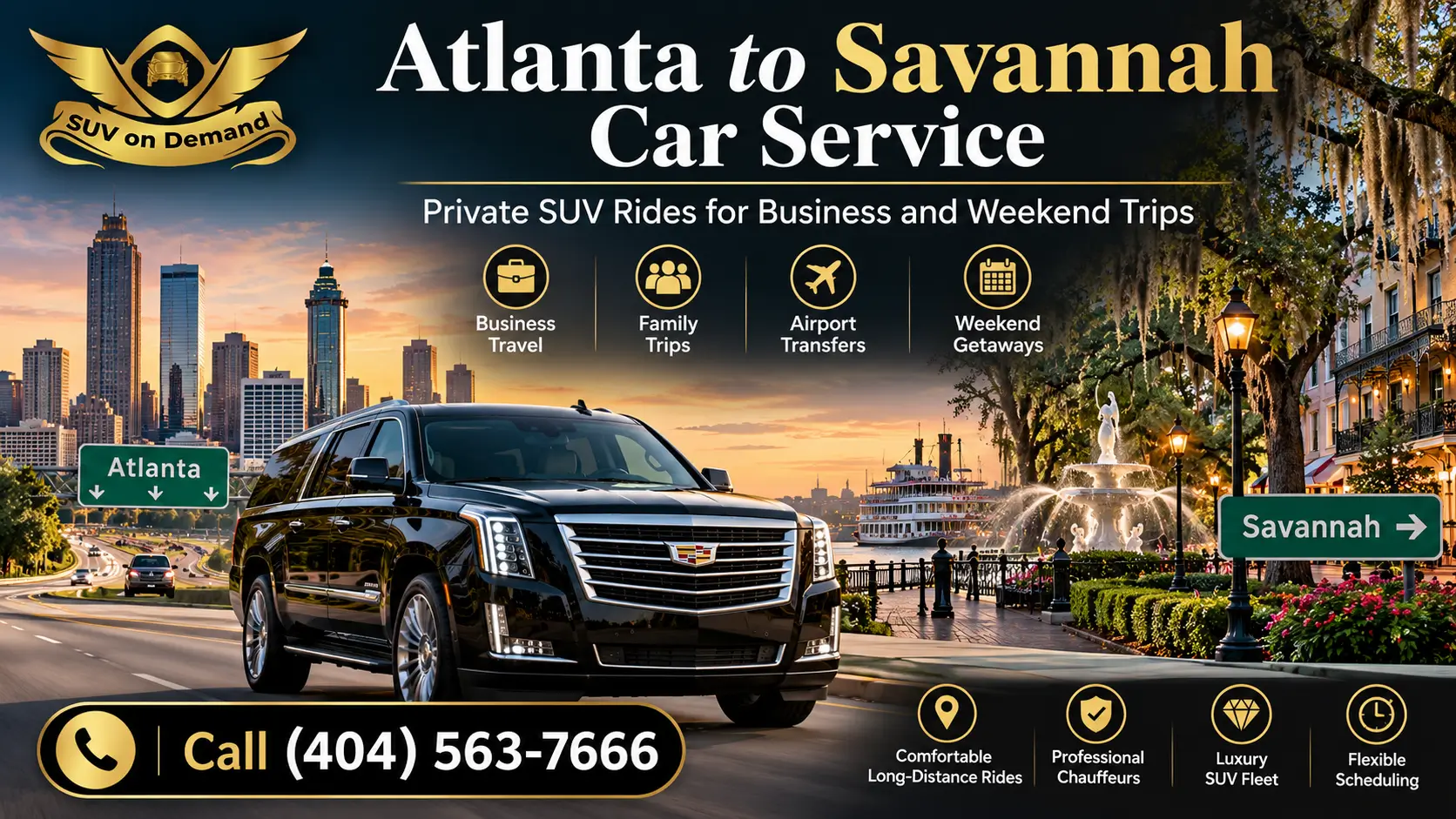 Atlanta to Savannah car service with a black luxury SUV for private business travel and weekend trips by SUV on Demand.