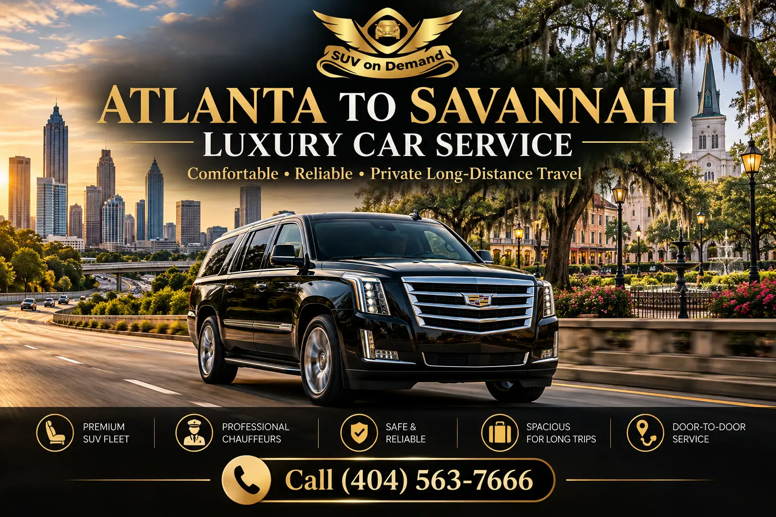 Atlanta to Savannah luxury car service featuring a black Cadillac Escalade-style SUV, Atlanta skyline, Savannah historic district, and SUV on Demand branding with phone number (404) 563-7666.