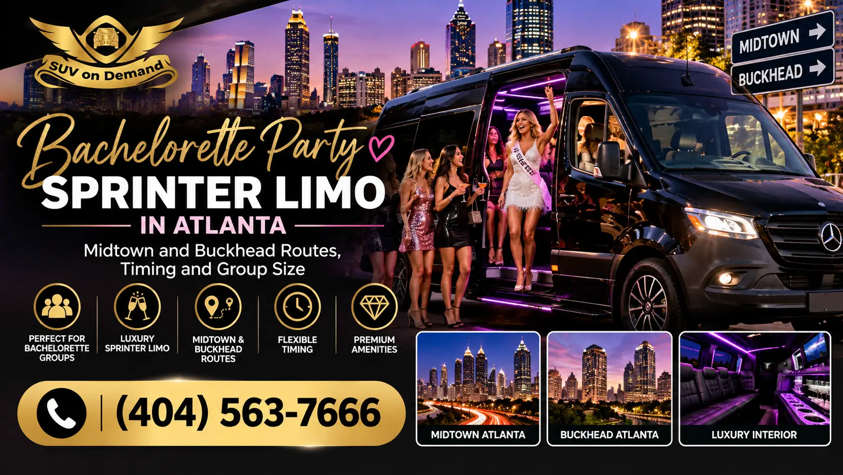 Bachelorette party Sprinter limo service in Atlanta featuring a luxury black van with purple interior lighting, a bride-to-be, and her friends celebrating against the city skyline. SUV on Demand offers transportation for Midtown and Buckhead outings. Call (404) 563-7666