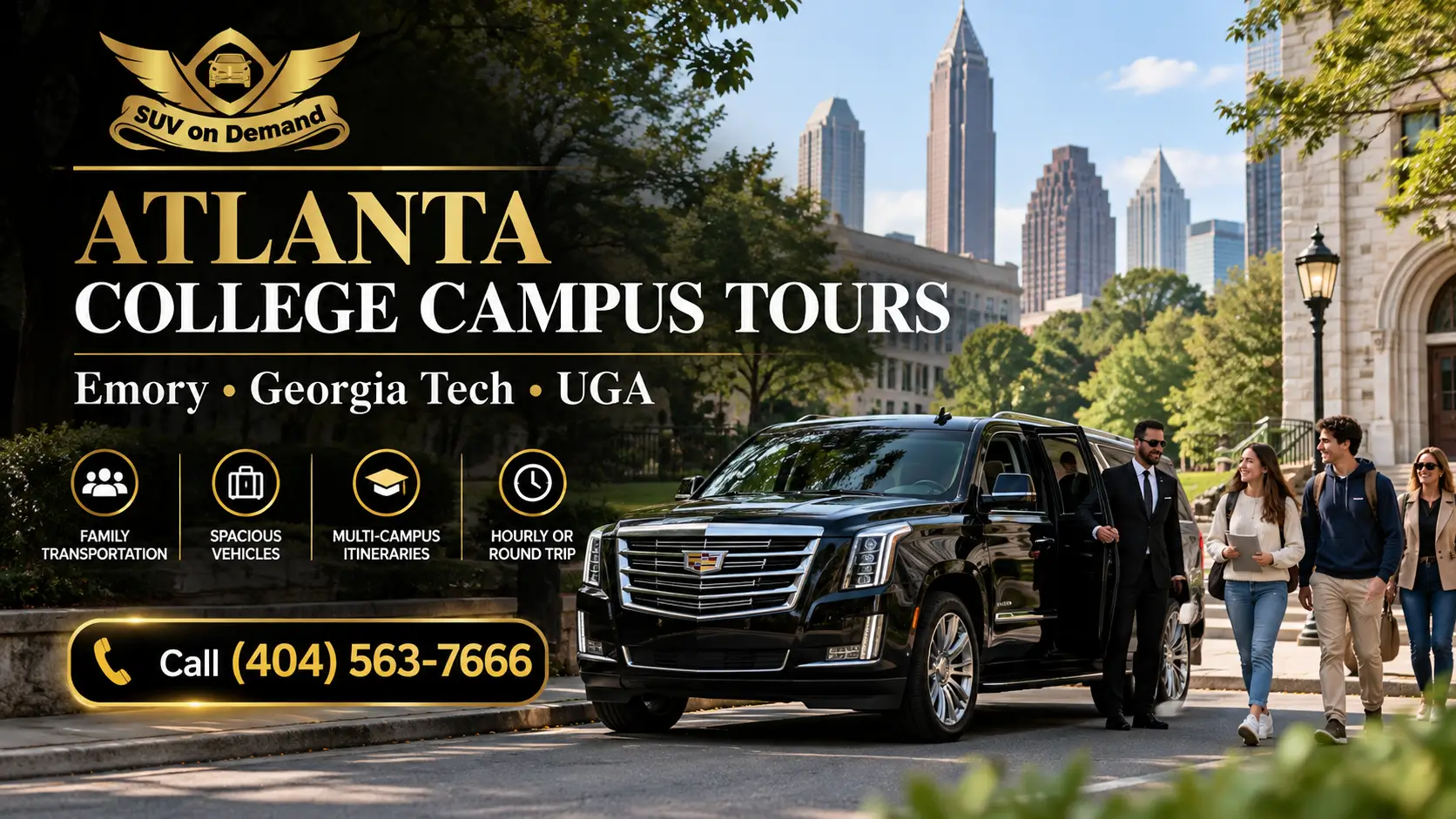 SUV on Demand college campus tour car service in Atlanta featuring a luxury black SUV for visits to Emory University, Georgia Tech and UGA. Call (404) 563-7666.