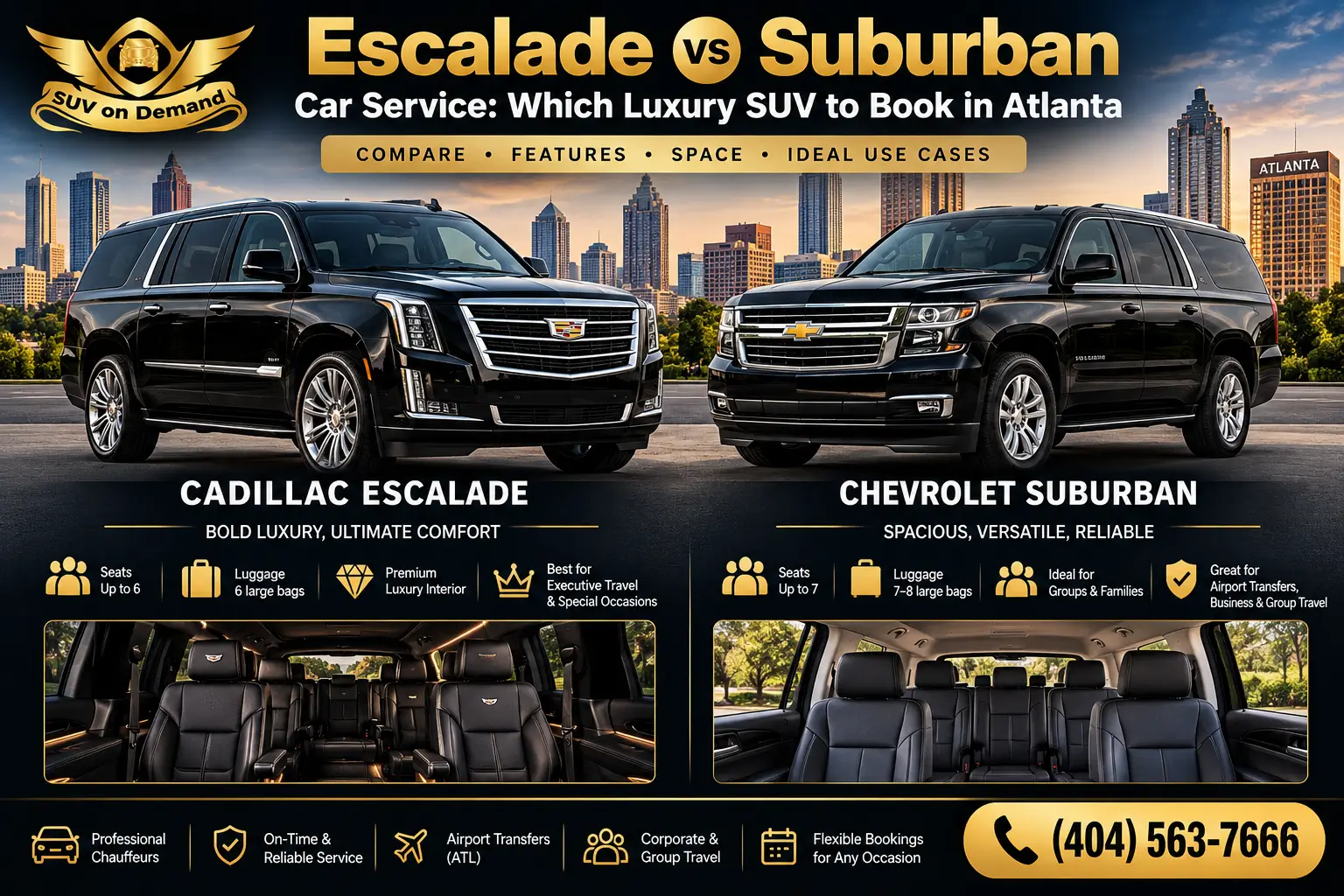 SUV on Demand Escalade vs Suburban car service comparison in Atlanta, featuring black Cadillac Escalade and Chevrolet Suburban luxury SUVs, interior seating, passenger capacity, luggage space, and premium chauffeur services. Call (404) 563-7666.